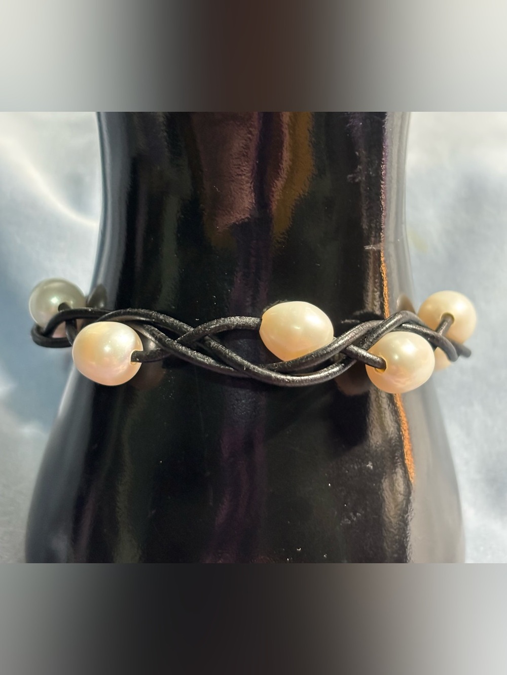 Peyote Bird Freshwater Pearl Black Leather Bracelet 8”
